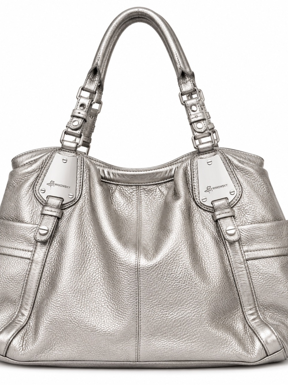 b. makowsky Silver Metallic Pebbled Leather Hobo